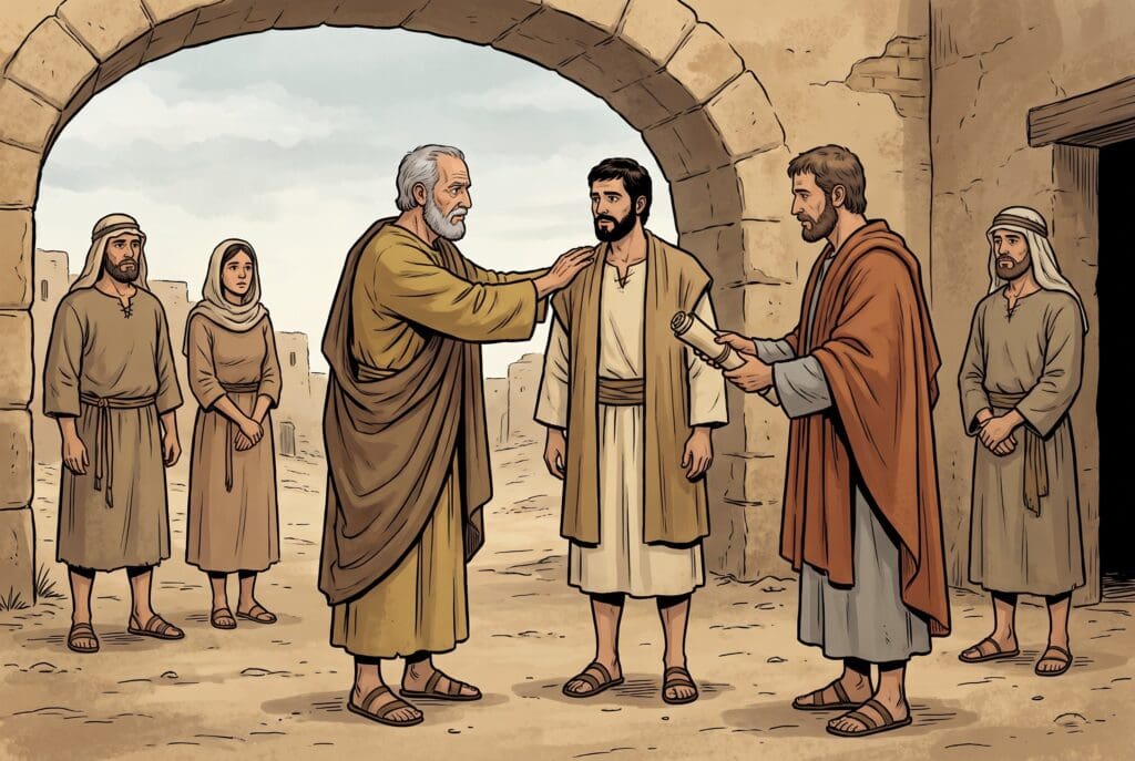 Comic book style illustration depicting a scene from Deuteronomy chapter 31