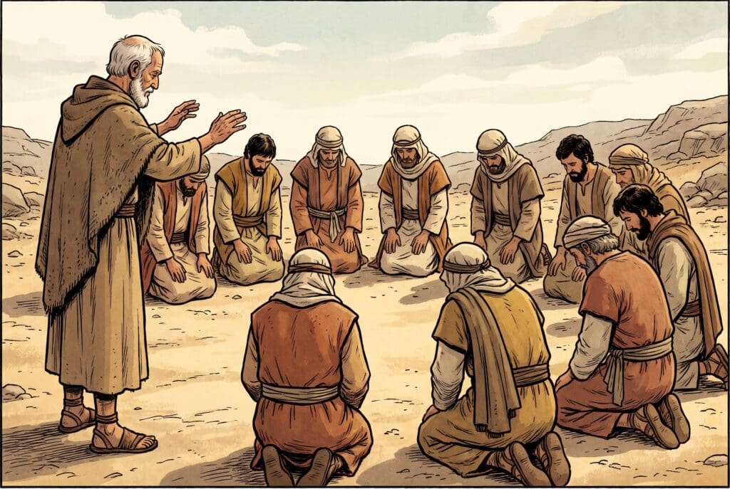 Comic book style illustration depicting a scene from Deuteronomy chapter 33