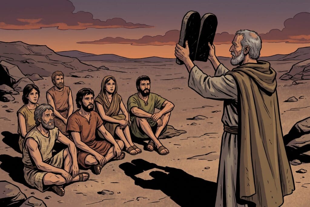 Comic book style illustration depicting a scene from Deuteronomy chapter 5