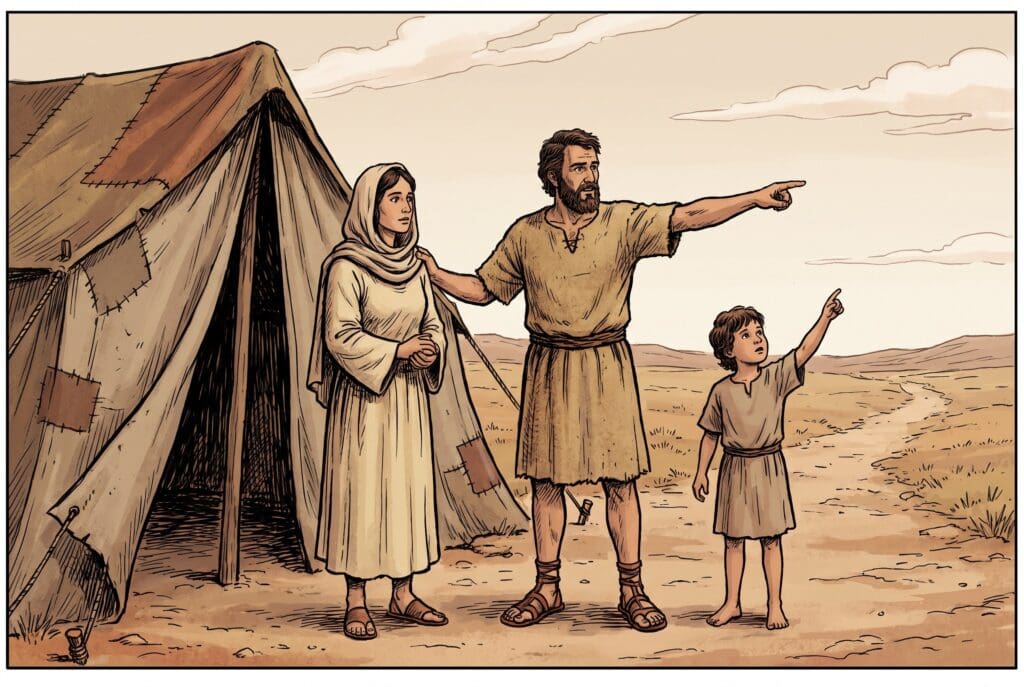 Comic book style illustration depicting a scene from Deuteronomy chapter 6