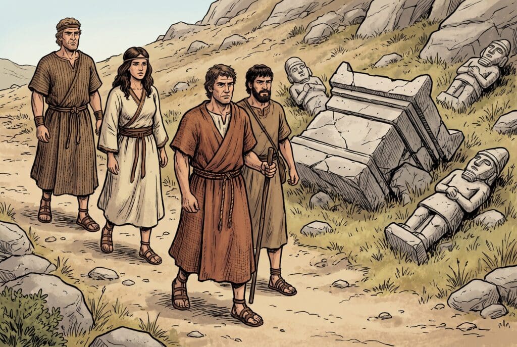 Comic book style illustration depicting a scene from Deuteronomy chapter 7