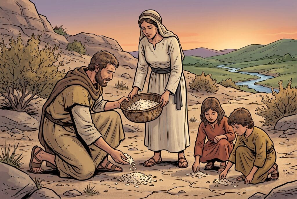 Comic book style illustration depicting a scene from Deuteronomy chapter 8