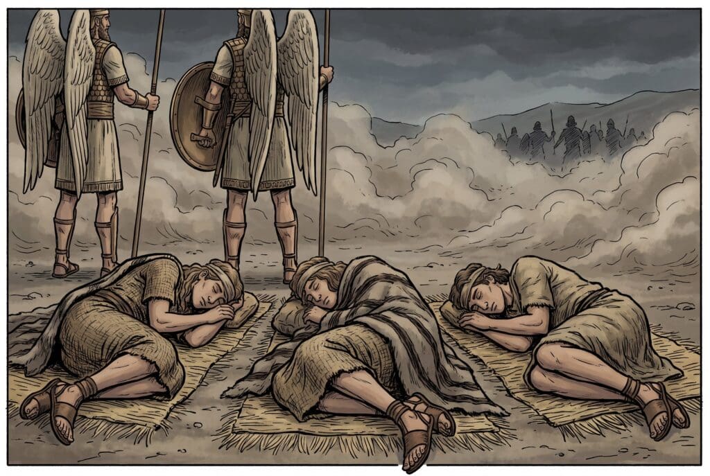 Comic book style illustration depicting a scene from Enoch chapter 100