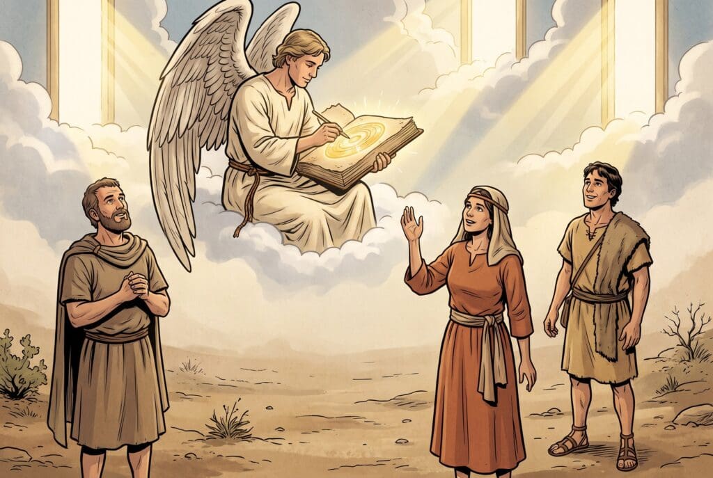 Comic book style illustration depicting a scene from Enoch chapter 104