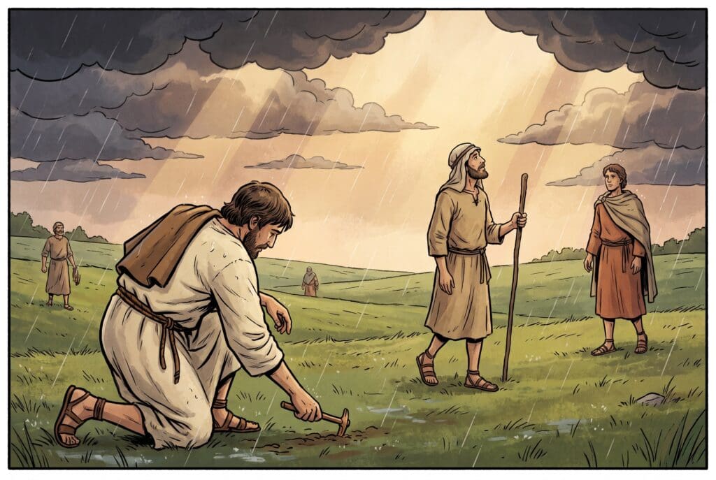Comic book style illustration depicting a scene from Enoch chapter 11