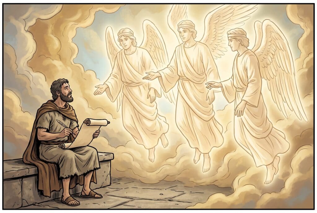 Comic book style illustration depicting a scene from Enoch chapter 12