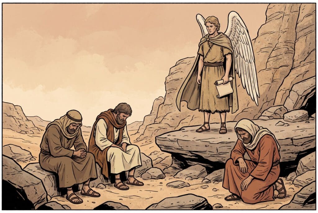 Comic book style illustration depicting a scene from Enoch chapter 16
