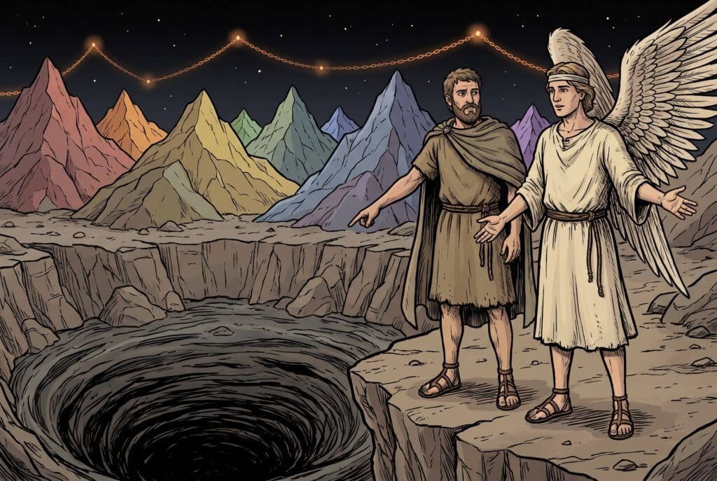 Comic book style illustration depicting a scene from Enoch chapter 18