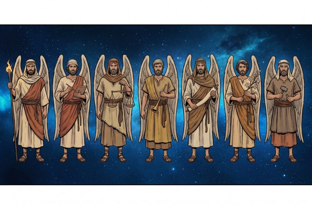 Comic book style illustration depicting a scene from Enoch chapter 20