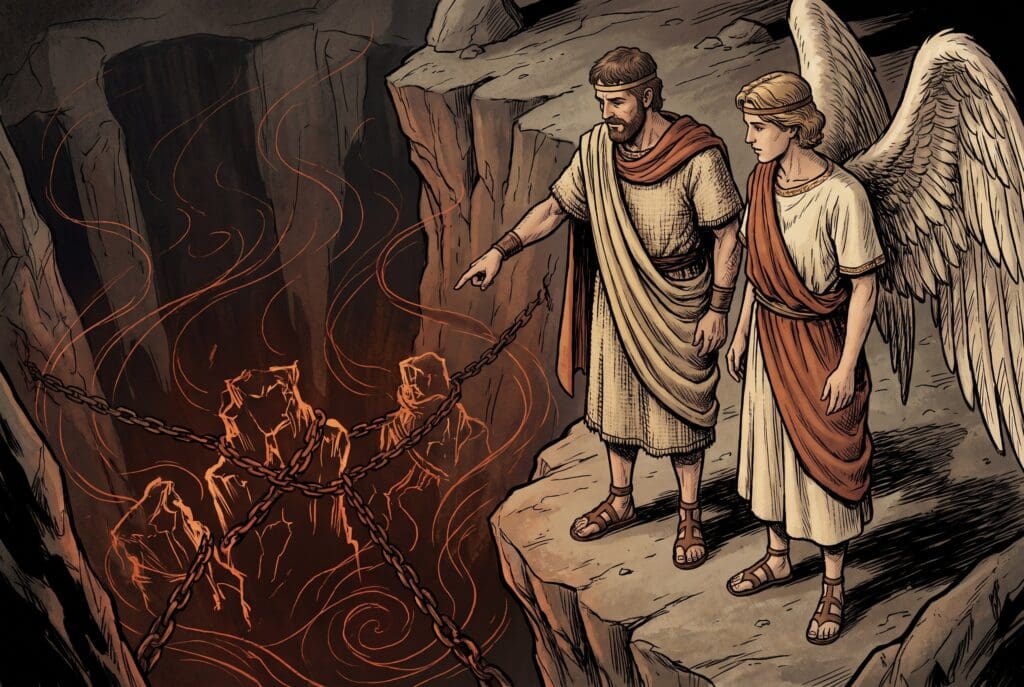 Comic book style illustration depicting a scene from Enoch chapter 21
