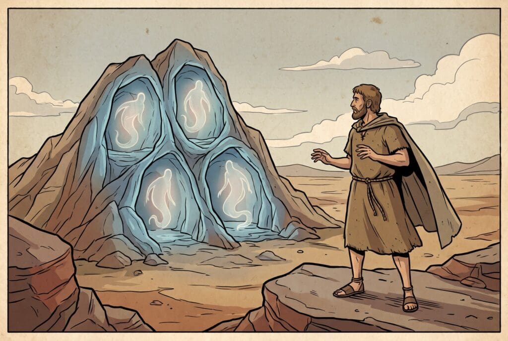 Comic book style illustration depicting a scene from Enoch chapter 22