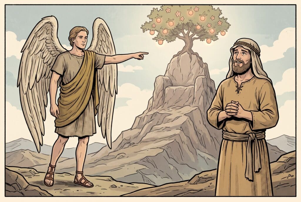 Comic book style illustration depicting a scene from Enoch chapter 25