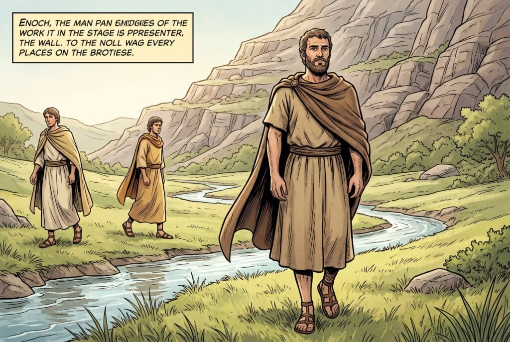 Comic book style illustration depicting a scene from Enoch chapter 26