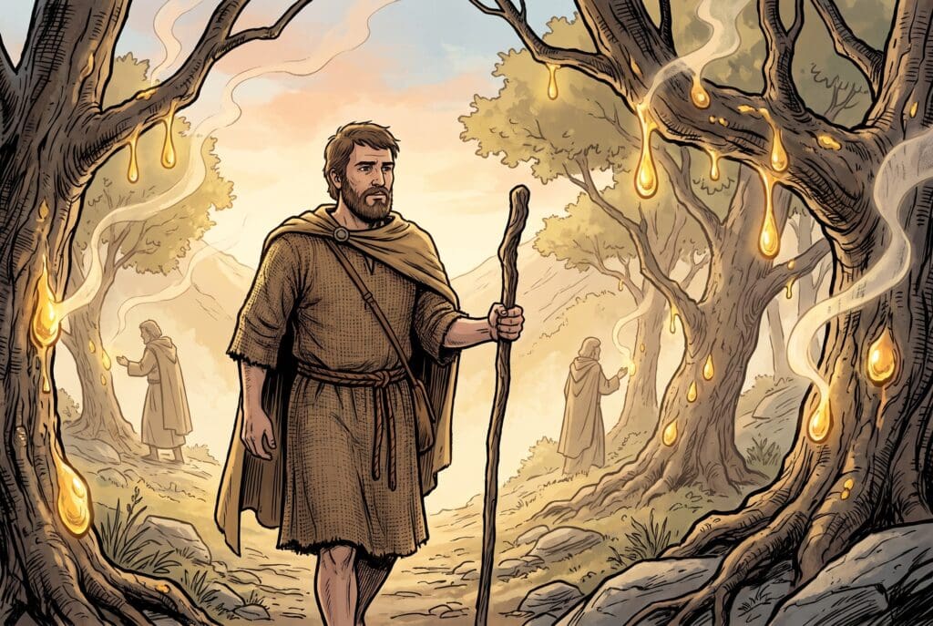 Comic book style illustration depicting a scene from Enoch chapter 31