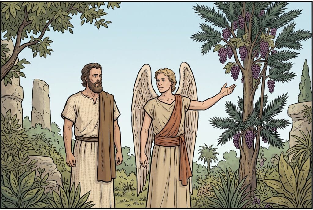 Comic book style illustration depicting a scene from Enoch chapter 32