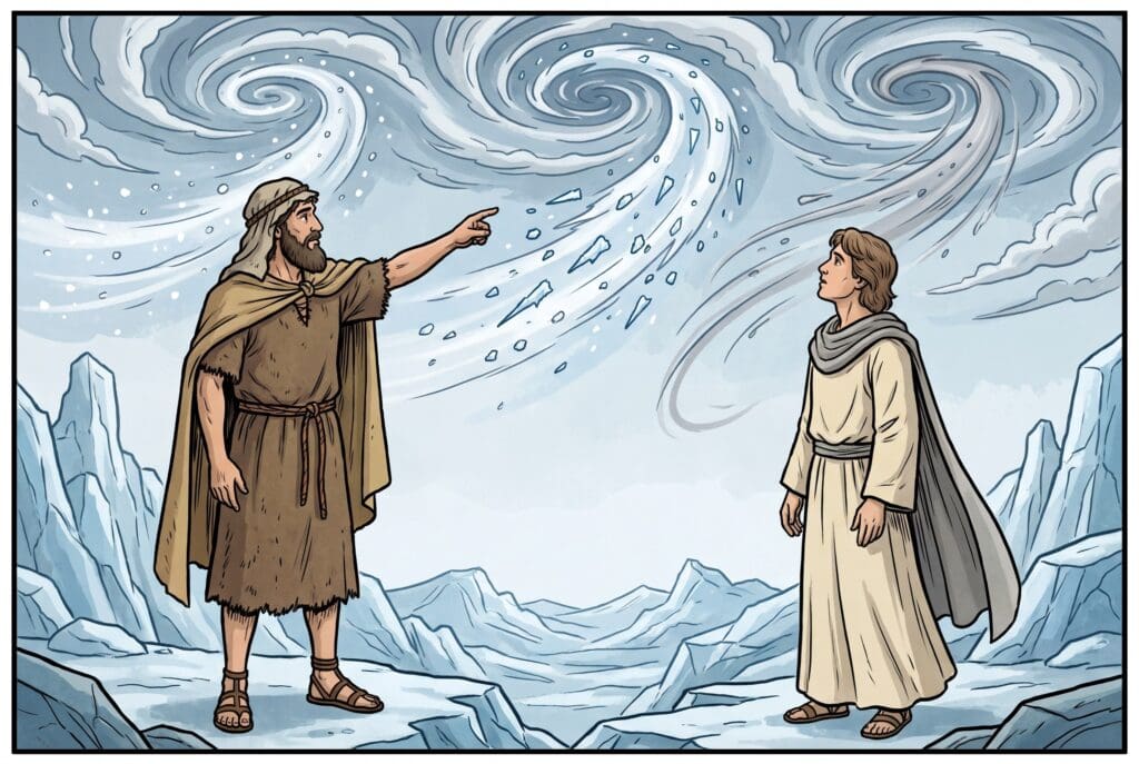 Comic book style illustration depicting a scene from Enoch chapter 34
