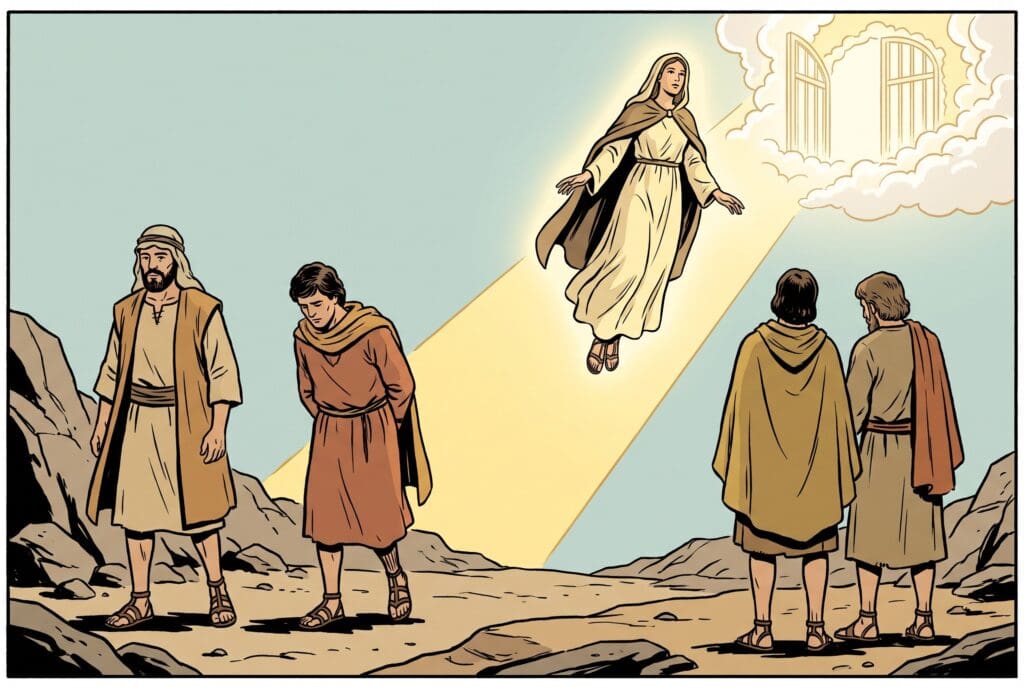 Comic book style illustration depicting a scene from Enoch chapter 42