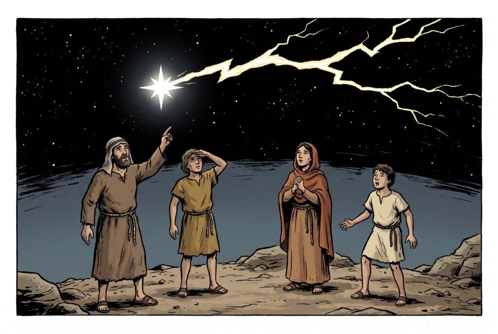Comic book style illustration depicting a scene from Enoch chapter 44