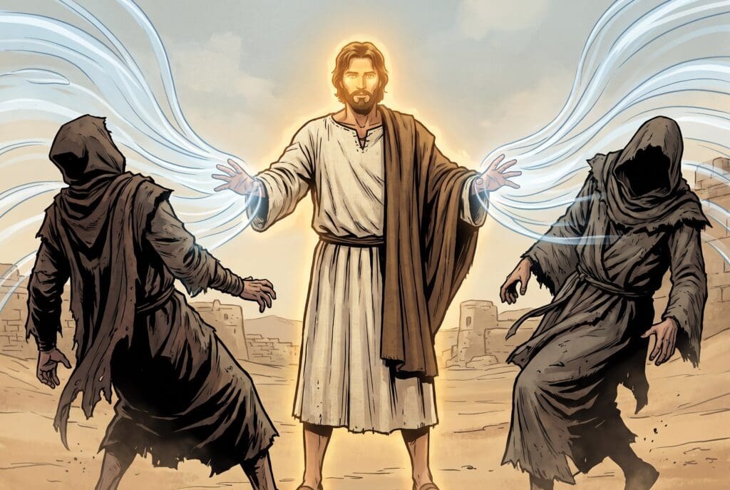 Comic book style illustration depicting a scene from Enoch chapter 49