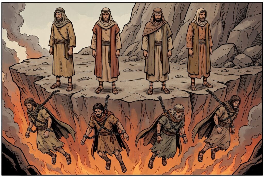 Comic book style illustration depicting a scene from Enoch chapter 54