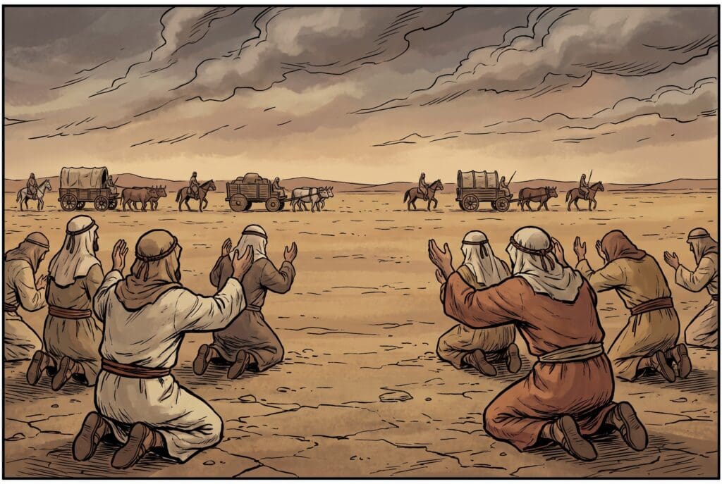 Comic book style illustration depicting a scene from Enoch chapter 57