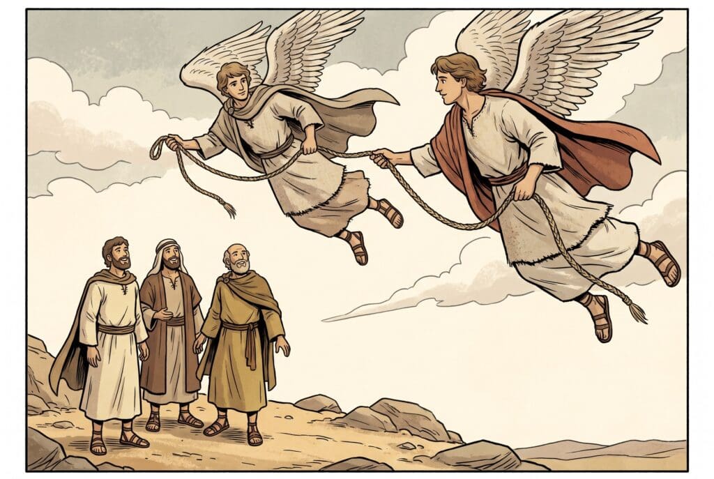 Comic book style illustration depicting a scene from Enoch chapter 61