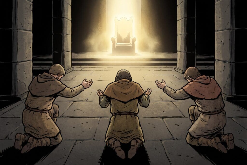 Comic book style illustration depicting a scene from Enoch chapter 63