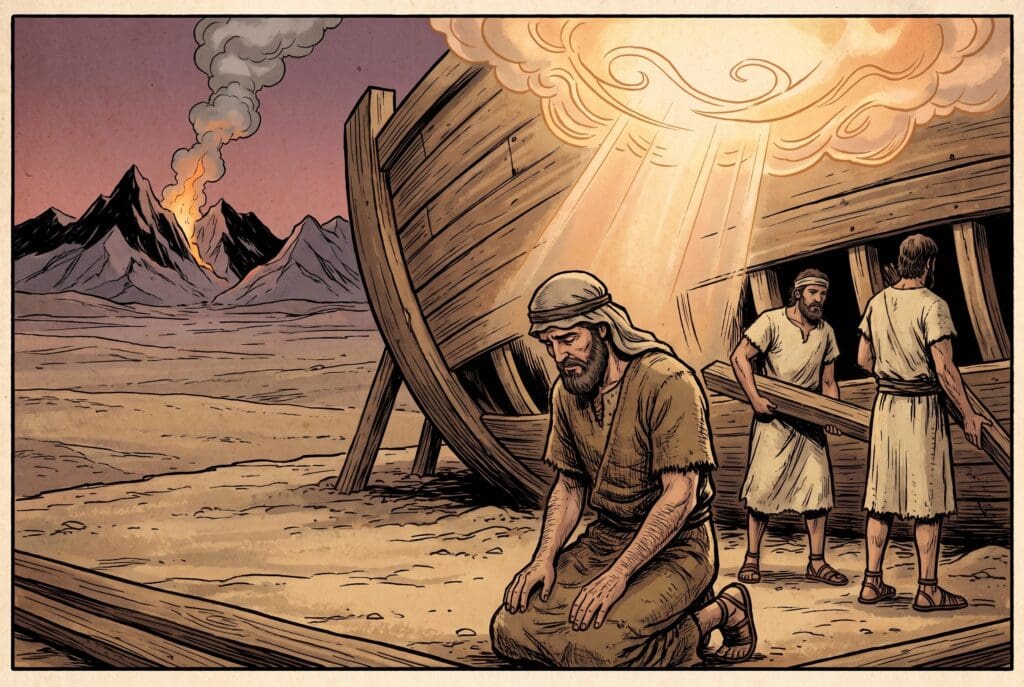 Comic book style illustration depicting a scene from Enoch chapter 67