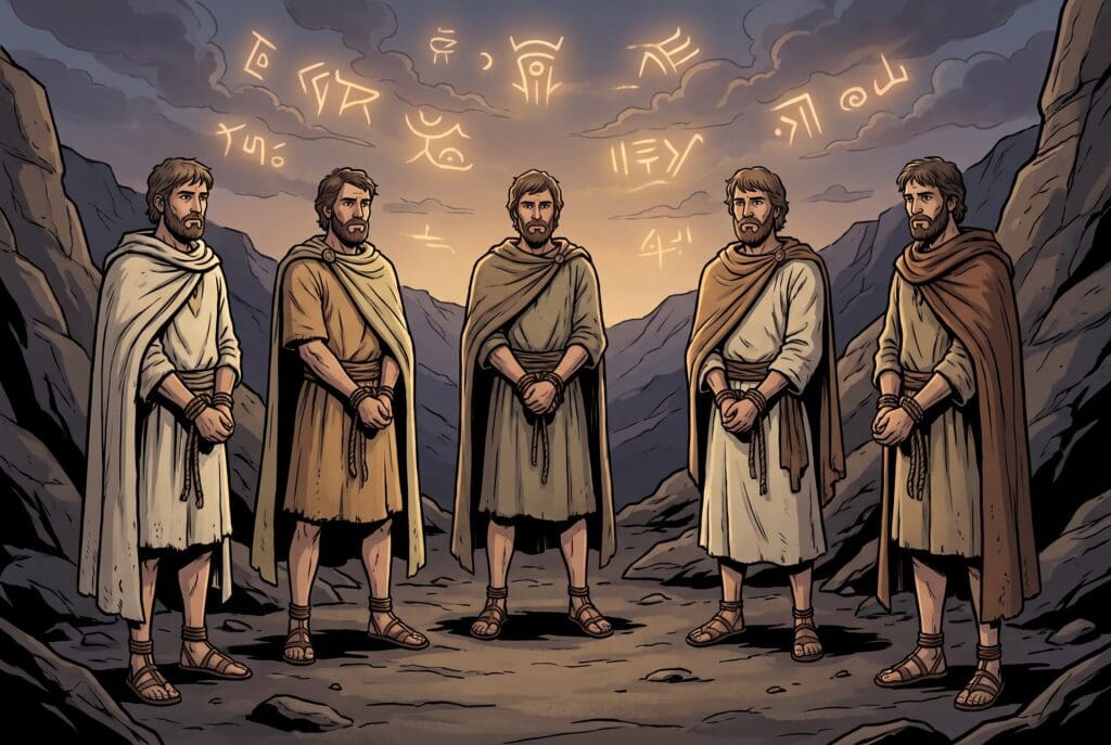 Comic book style illustration depicting a scene from Enoch chapter 69