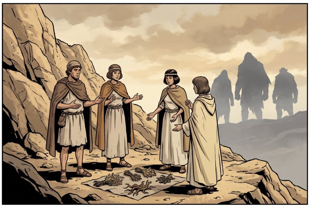 Comic book style illustration depicting a scene from Enoch chapter 7
