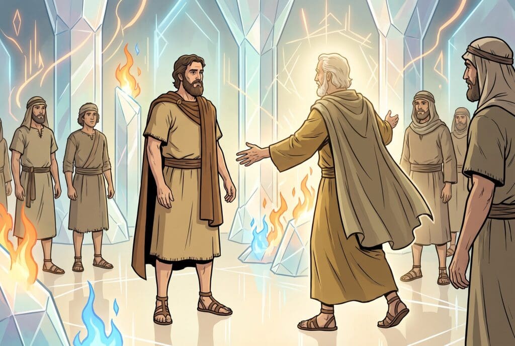 Comic book style illustration depicting a scene from Enoch chapter 71