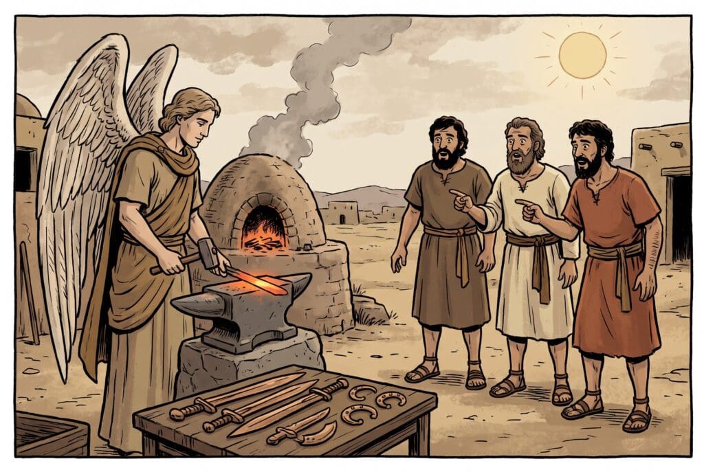 Comic book style illustration depicting a scene from Enoch chapter 8