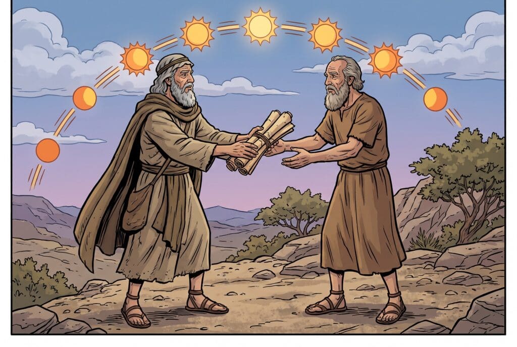 Comic book style illustration depicting a scene from Enoch chapter 82
