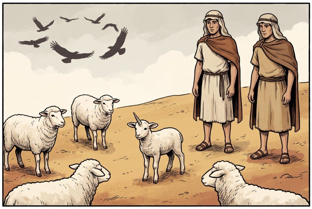 Comic book style illustration depicting a scene from Enoch chapter 90