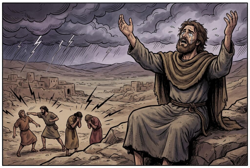 Comic book style illustration depicting a scene from Enoch chapter 95
