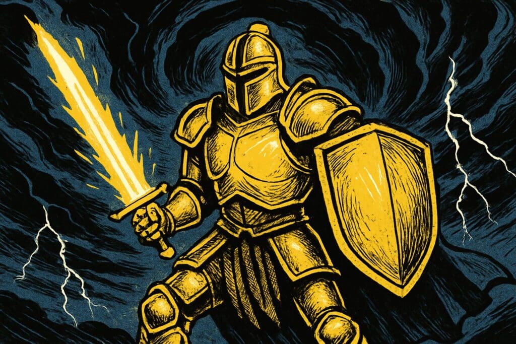 Comic book style illustration depicting a scene from Ephesians chapter 6