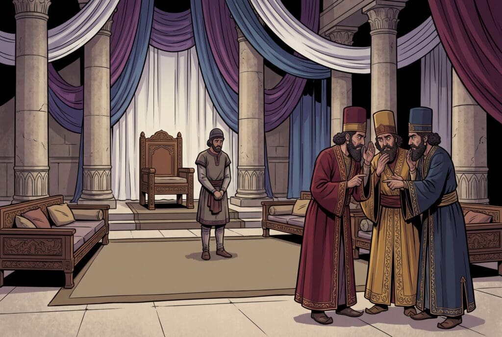 Comic book style illustration depicting a scene from Esther chapter 1