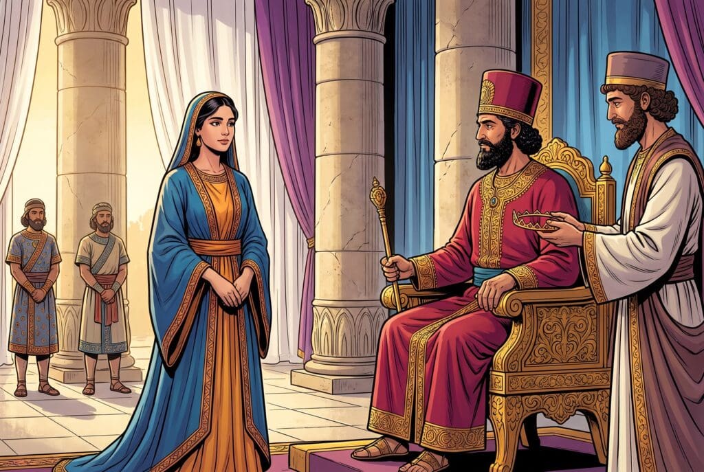 Comic book style illustration depicting a scene from Esther chapter 2