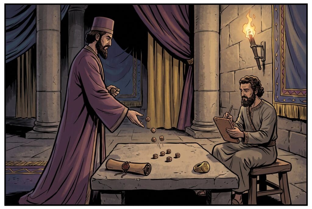 Comic book style illustration depicting a scene from Esther chapter 3