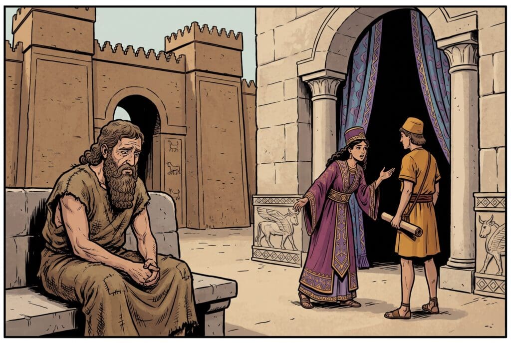 Comic book style illustration depicting a scene from Esther chapter 4