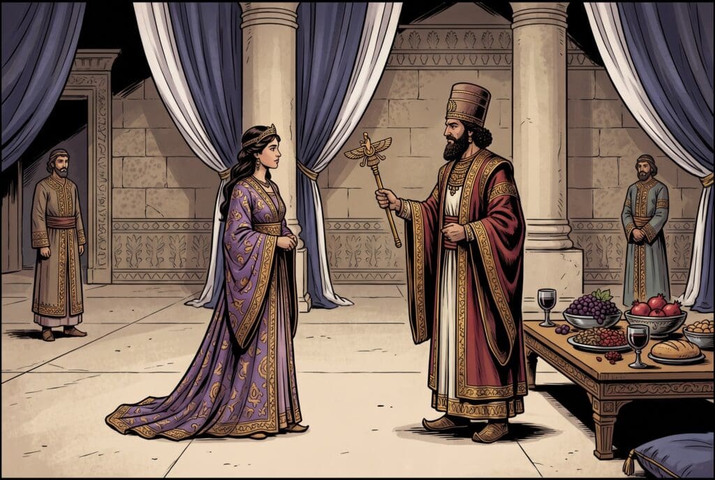 Comic book style illustration depicting a scene from Esther chapter 5