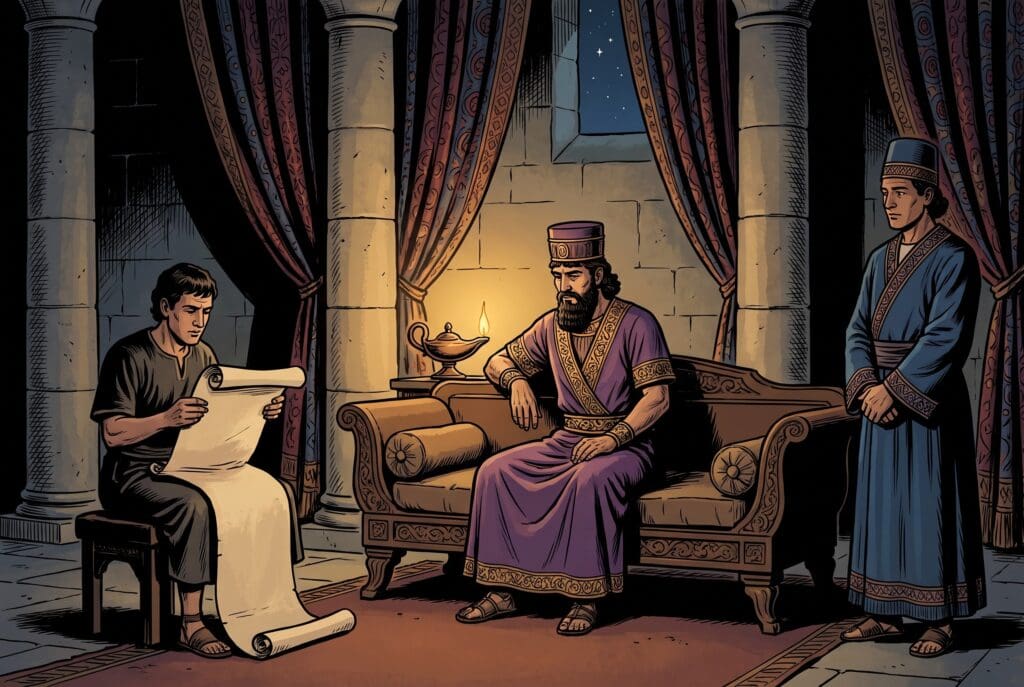Comic book style illustration depicting a scene from Esther chapter 6