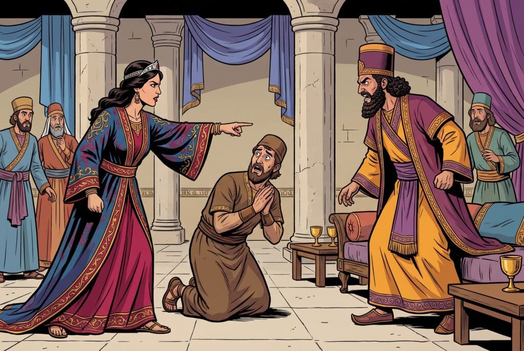 Comic book style illustration depicting a scene from Esther chapter 7