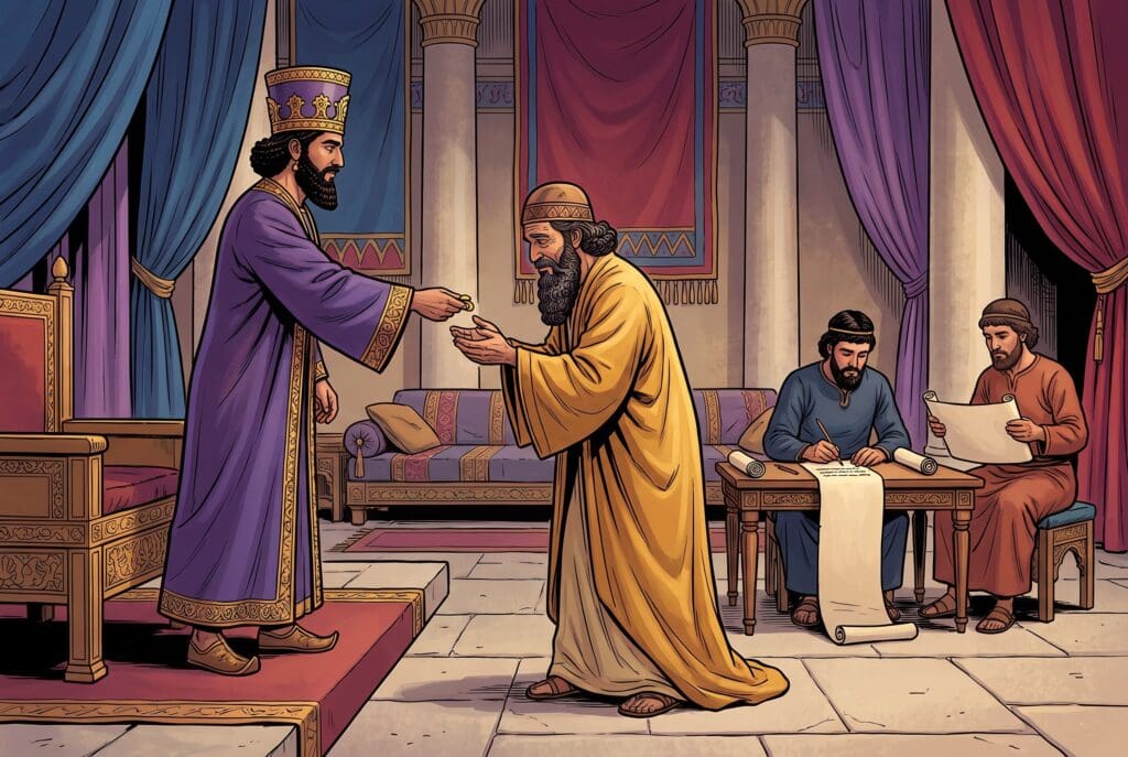 Comic book style illustration depicting a scene from Esther chapter 8