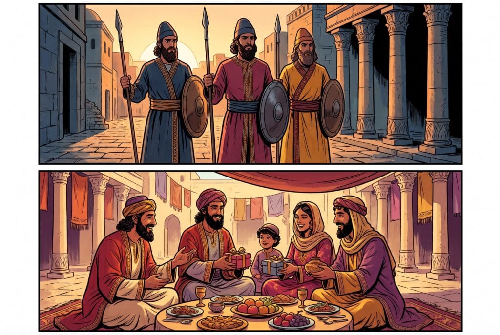 Comic book style illustration depicting a scene from Esther chapter 9