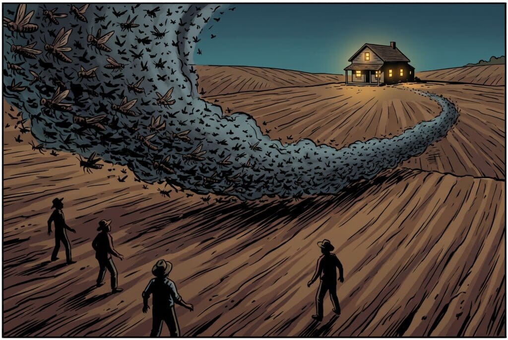 Comic book style illustration depicting a scene from Exodus chapter 10