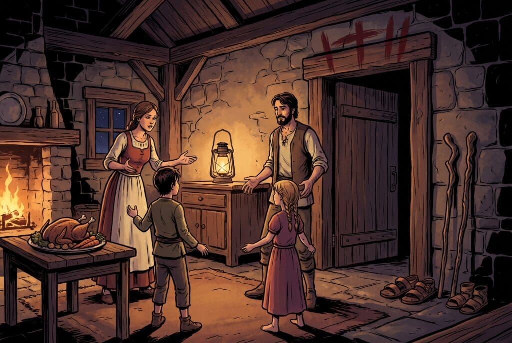 Comic book style illustration depicting a scene from Exodus chapter 12