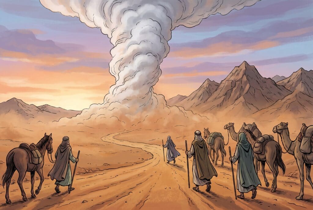 Comic book style illustration depicting a scene from Exodus chapter 13