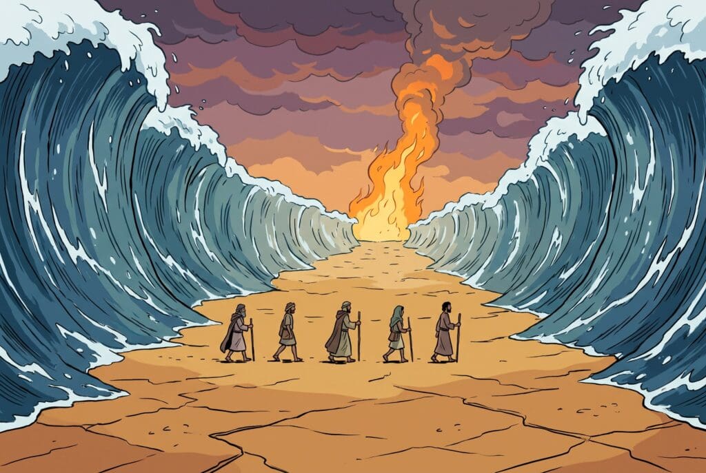 Comic book style illustration depicting a scene from Exodus chapter 14