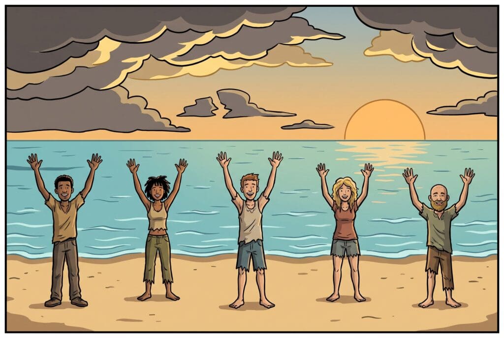 Comic book style illustration depicting a scene from Exodus chapter 15